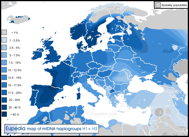 Mapa de la distribución europeas de los haplogrupos H1 y H3. Fuente Eupedia
