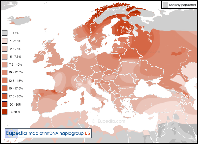 Mapa europeo que ilustra la distribución del linaje materno U5